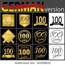 Conjunto de 100 años (100 años) diseño de celebración. Elementos de plantilla de número de oro para tu fiesta de cumpleaños. Traducido del alemán - felicitación, años, aniversario