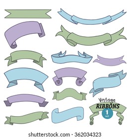 Set number one of vintage ribbon banners on white background, doodle hand drawn collection