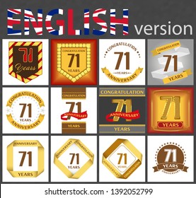 Set of number seventy-one years (71 years) celebration design. Anniversary golden number template elements for your birthday party