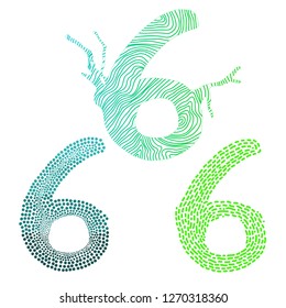 Set of number SIX (6) hand drawing vector illustration with splash and wood effects. Blue and green numbers on white background for birthday and anniversary cards. 