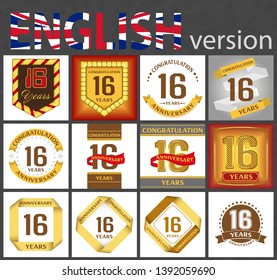 Set of number sixteen years (16 years) celebration design. Anniversary golden number template elements for your birthday party