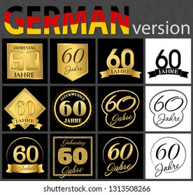 Set of number sixty years (60 years) celebration design. Anniversary golden number template elements for your birthday party. Translated from the German - congratulation, years, anniversary