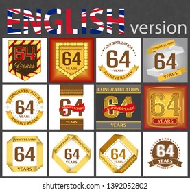 Set of number sixty-four years (64 years) celebration design. Anniversary golden number template elements for your birthday party