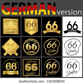Set of number sixty-six years (66 years) celebration design. Anniversary golden number template elements for your birthday party. Translated from the German - congratulation, years, anniversary