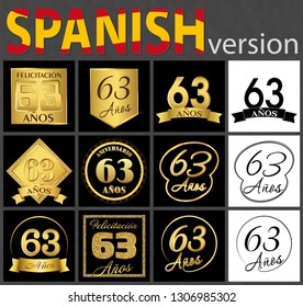 Set of number sixty-three years (63 years) celebration design. Anniversary golden number template elements for your birthday party. Translated from the Spanish - congratulation, years, anniversary