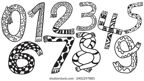 set of number stylized as a scarf in doodle style in vector.icons for application sites for layout and printing of texts and images
