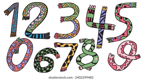 Zahlensatz, stilisiert als Schal im Doodle-Stil in vektorisierten.icons für Applikationsstellen für Layout und Druck von Texten und Bildern