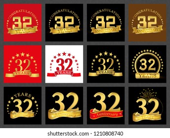 Set of number thirty-two (32 years) celebration design. Anniversary golden number template elements for your birthday party.