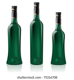 Set number three of green wine bottle. Illustration on white background