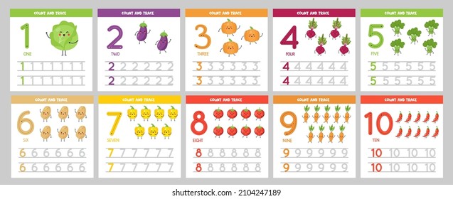 Set Of Number Tracing Flashcards With Cute Kawaii Vegetables. Learning Numbers For Kids. 