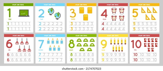 Set of number tracing flashcards with cute kawaii school supplies. Learning numbers for kids.