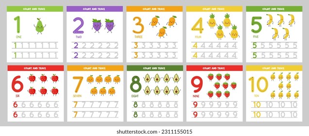 Juego de tarjetas flashcards de rastreo de números con frutos kawaii lindos. Números de aprendizaje para los niños.