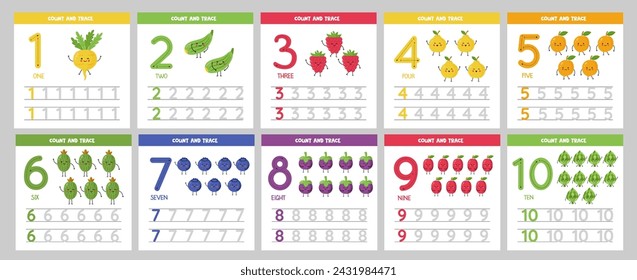 Set of number tracing flashcards with cute kawaii fruits and vegetables. Learning numbers