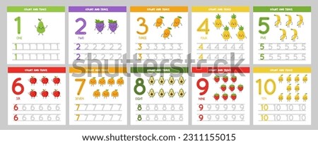 Set of number tracing flashcards with cute kawaii fruits. Learning numbers for kids.