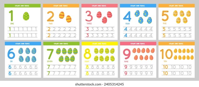 Set of number tracing flashcards with Easter eggs. Learning numbers for kids.