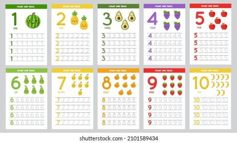 Set of number tracing flashcards. Learning numbers for kids. 