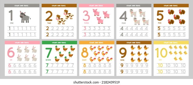 Set of number tracing flashcards. Learning numbers for kids. Farm animals.