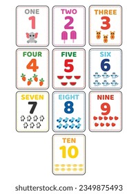Set of number tracing flashcards. Learning numbers for kids.