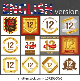Set of number twelve years (12 years) celebration design. Anniversary golden number template elements for your birthday party