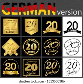 Set of number twenty years (20 years) celebration design. Anniversary golden number template elements for your birthday party. Translated from the German - congratulation, years, anniversary