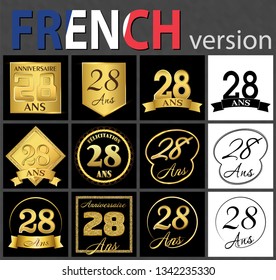 Set of number twenty-eight years (28 years) celebration design. Anniversary golden number template elements for your birthday party. Translated from the French - congratulation, years, anniversary