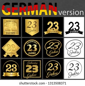 Set of number twenty-three years (23 years) celebration design. Anniversary golden number template elements for your birthday party. Translated from the German - congratulation, years, anniversary