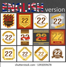 Set of number twenty-two years (22 years) celebration design. Anniversary golden number template elements for your birthday party