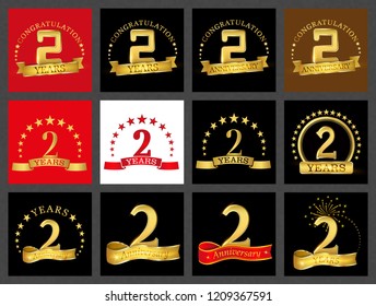 Set of number two (2 years) celebration design. Anniversary golden number template elements for your birthday party