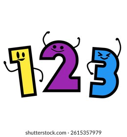Set of number vector with isolated background. Three Cheerful Cartoon Number Characters on a White Background. Cute cartoon number vector design