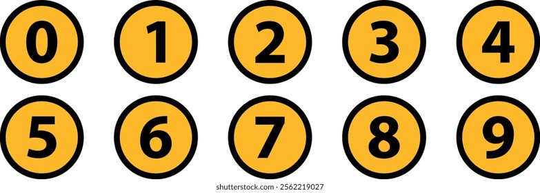 Set of number from zero to nine 0-9 in yellow color for poster, birthday, animation, t shirt, racing, game, decoration