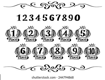 Set of numbered awards, handwriting vector vignette, calligraphy digits - black isolated