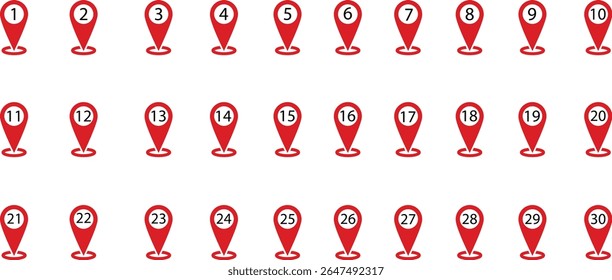 Conjunto de pinos vermelhos numerados do mapa de localização, de 1 a 30 no estilo vetorial. Ideal para mapas, infográficos, navegação UI, rastreamento de entrega e apresentações interativas com marcadores numéricos claros.