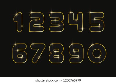 Set numbers 0, 1, 2, 3, 4, 5, 6, 7, 8, 9 for anniversary new year celebration signs Bronze style Gold sparkling texture Numbers with golden glitter effect on black background Vector illustration