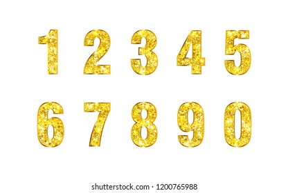 Set numbers 0, 1, 2, 3, 4, 5, 6, 7, 8, 9 for anniversary new year celebration signs Gold sparkling texture Numbers with golden glitter effect on white background Vector illustration