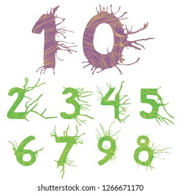 Set of numbers (0, 1, 2, 3, 4,5, 6, 7, 8, 9) hand drawing vector illustration with splash and wood effects. Purple and green numbers with on white background for birthday and anniversary cards. 