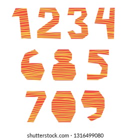 Set of numbers (0, 1, 2, 3, 4, 5, 6, 7, 8, 9) with wooden effect texture. Colorful alphabet on light isolated background for cards, posters, prints, textile. Straight lines. Pink and yellow colors. 