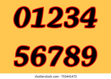 a set of numbers 0, 1, 2, 3, 4, 5, 6, 7, 8, 9. Black figures. yellow background