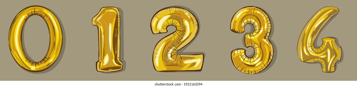 A set of numbers from 0 to 4. Golden balloons.