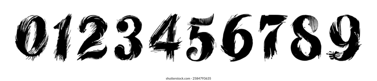 Set of numbers from 0 to 9 designed with bold brush strokes, creating an artistic, hand-painted, and grunge-style typography. Vector illustration