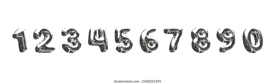 Set of numbers from 0 to 9 with dot spray effect. Monochrome grainy noise. Grunge dust texture. Abstract dotwork. Retro and brutalism. Halftone vector elements isolated on white background