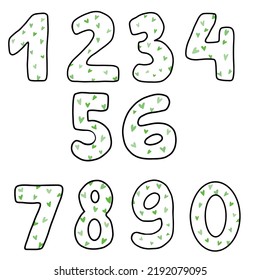 Set of numbers from 0 to 9 with green hearts inside hand drawn illustrations isolated on white background. Vector drawing in doodle simple flat style. Happy birthday, year, month
