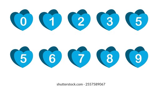 Set of numbers 0 - 9 with heart or love symbol and shadow. Count, numbers, cute, bright, blue, white. Vector