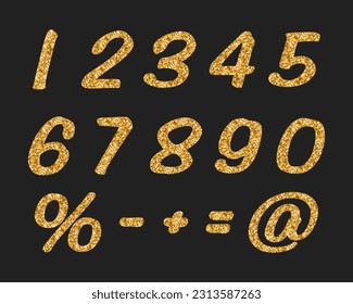 A set of numbers from 0 to 9 and mathematical signs, gold glitter. Lettering, calligraphy. Design elements, print, vector