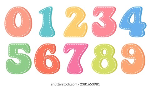 Set of numbers from 0 to 9 and mathematical symbols in retro groovy style. Children's numbers. Design elements, print, vector