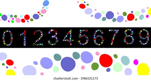 A set of numbers from 0 to 9 from multi-colored polka dots. Stylish room. Fashion symbols. Mathematics and orithmetic. Multi-colored circles. Vector graphics.