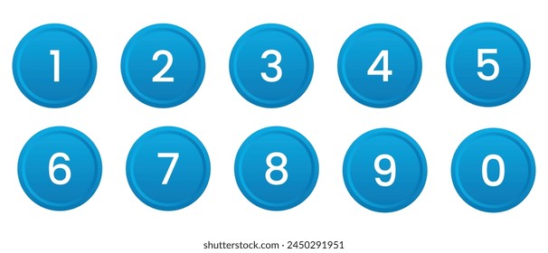 Set of numbers 0 to 9 on white background. Set of phone numbers button. Number circles set 0 to 9 icon for education and UI,UX design. Safe lock pin code number symbols.