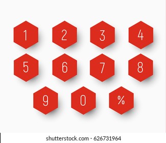 set of numbers from 0 to 9 on a red button in the shape of a hexagon with a shadow. Vector illustration