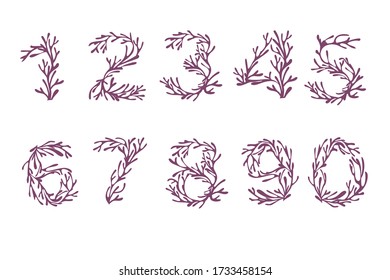 Set of numbers 0 to 9 purple colored seaweeds underwater ocean plant sea coral elements flat vector illustration on white background