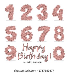 Set with numbers from 0 to 9 with rose flowers. holiday set for a party, birthday, anniversary and wedding celebration. Vector illustration in sketch style. Hand-drawn.
