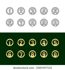 Set of numbers from 0 to 9 in a round shape frame. Birthday anniversary or infographic bullets applicate. Number marks plates. Thin line and golden style versions. Adjustable stroke.